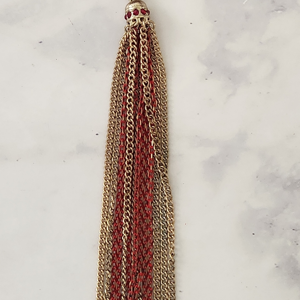 NY Collection Red Gold Rhinestone Tassle Necklace - Picture 4 of 10